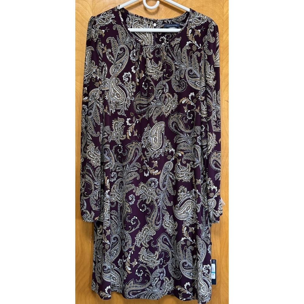 Tommy Hilfiger Womens Paisley Long Sleeve Sheath Dress Slinky Feel Plum Khaki 16